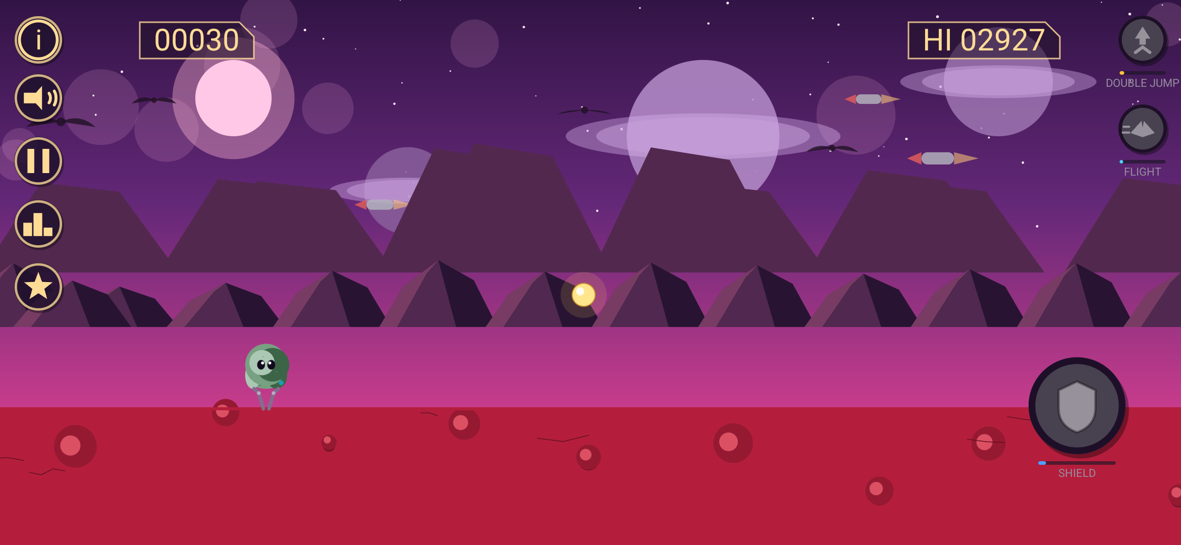 Alien Runner gameplay mid-run, score and power-up HUD visible